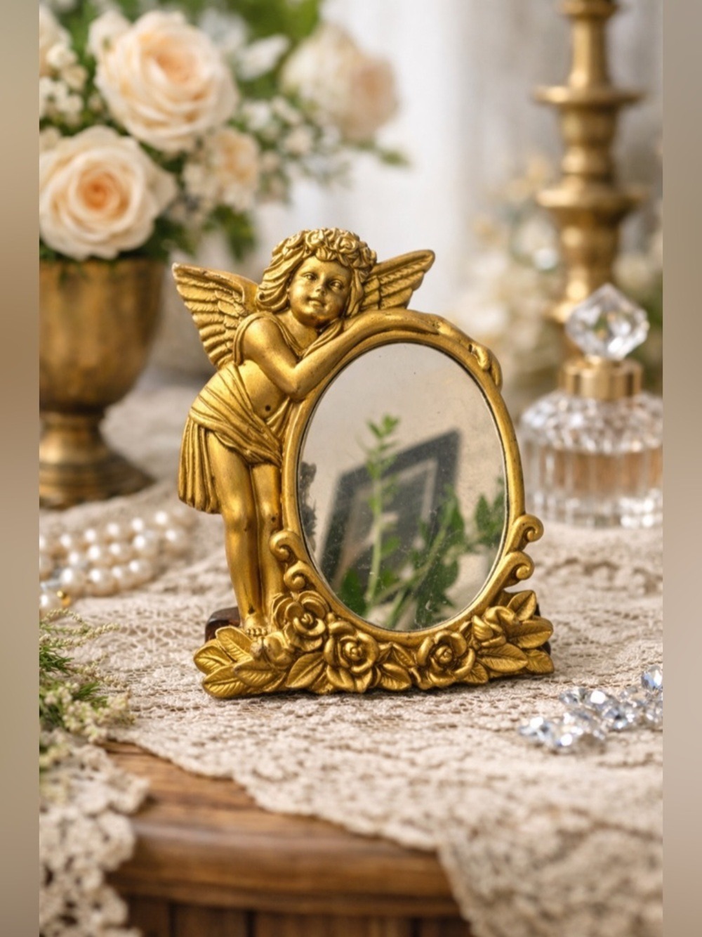 Vintage Gold Cherub Mirror w/ Roses • Romantic Angel Vanity Décor • Collectible